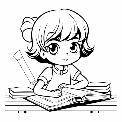 Cute little girl reading a book. Black and white vector illustra