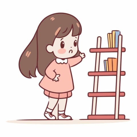 Girl standing near the ladder and looking at books.