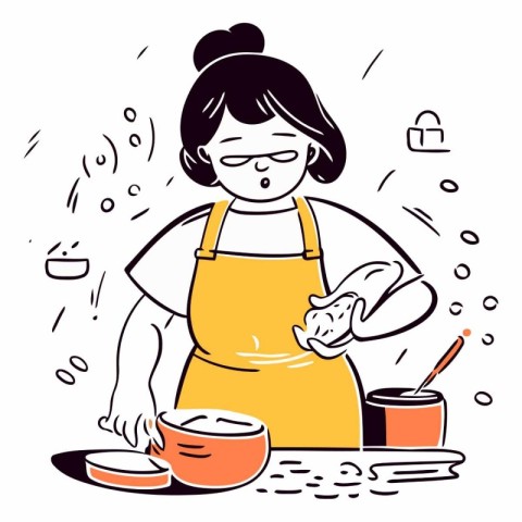 Woman in apron cooking soup in cartoon style.