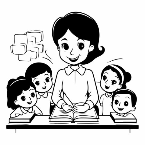 Teacher with students in the classroom. Black and white vector i