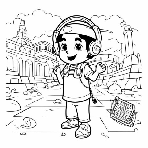 Coloring book for children: Boy with headphones in Rome. Italy