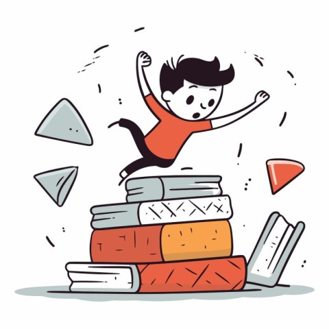 Boy jumping over a pile of books in cartoon style.