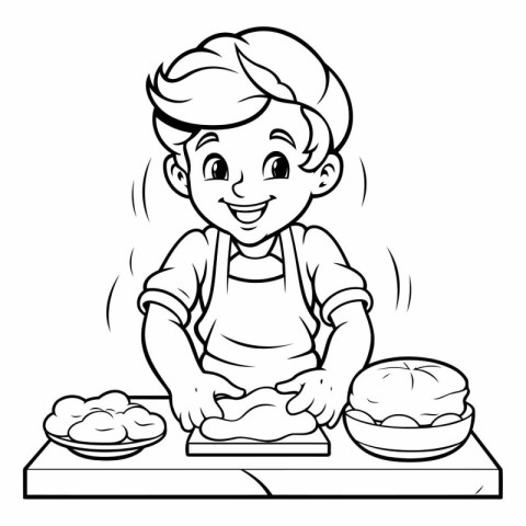 Black and White Cartoon Illustration of Kid Boy Cooking Pastry f