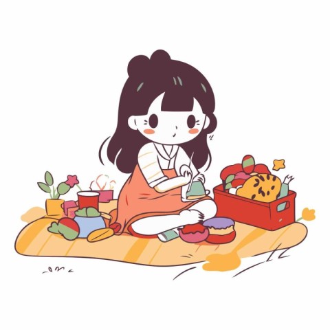 A cute illustration of a girl doing her homework while sitting o