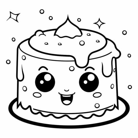 Black and white illustration of a birthday cake with a smiling f