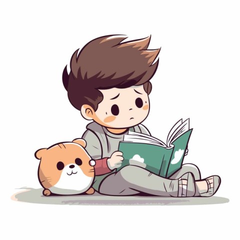 Little boy reading a book with his pet. Vector cartoon illustrat