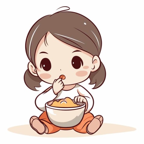 Illustration of a Little Girl Eating a Bowl of Noodles