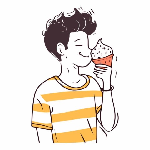 Vector illustration of a boy eating ice cream. Hand drawn style.