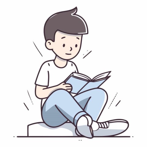 Illustration of a boy reading a book on a white background.