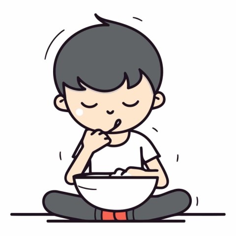 Illustration of a Kid Boy Eating a Bowl of Noodles