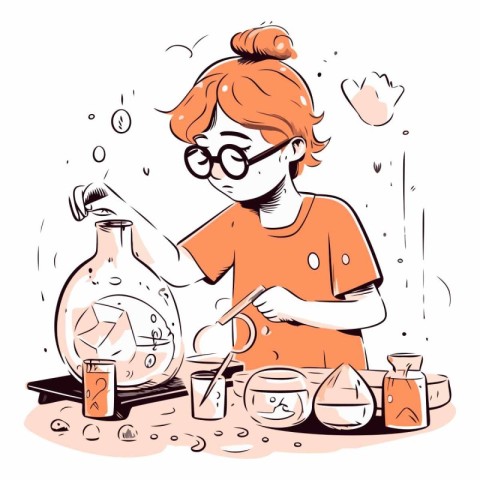 Cute red-haired girl in glasses making science experiments.