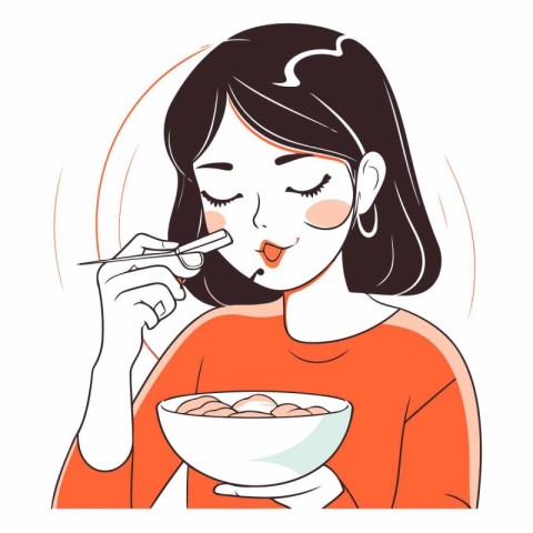 Illustration of a young woman eating a bowl of chinese food