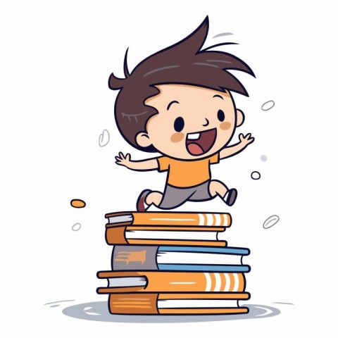 Happy boy sitting on a stack of books. Vector cartoon illustrati