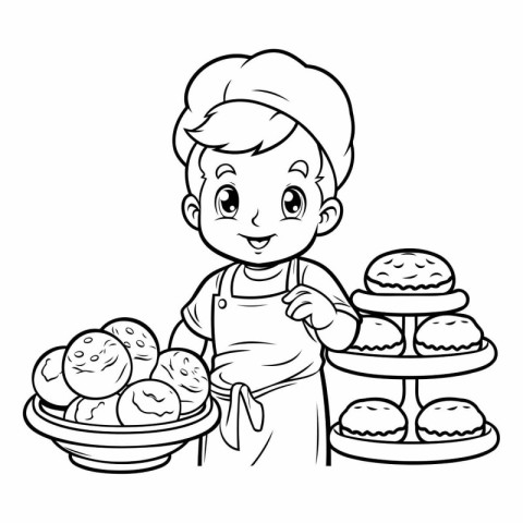 Black and White Cartoon Illustration of Cute Little Boy Chef Cha