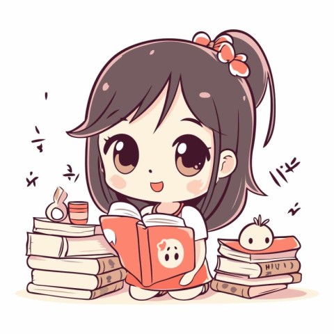 Cute little girl reading a book in cartoon style.