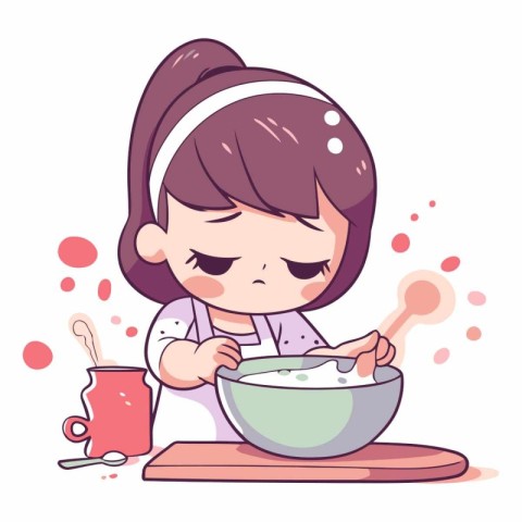 Cute little girl cooking in the kitchen in cartoon style.