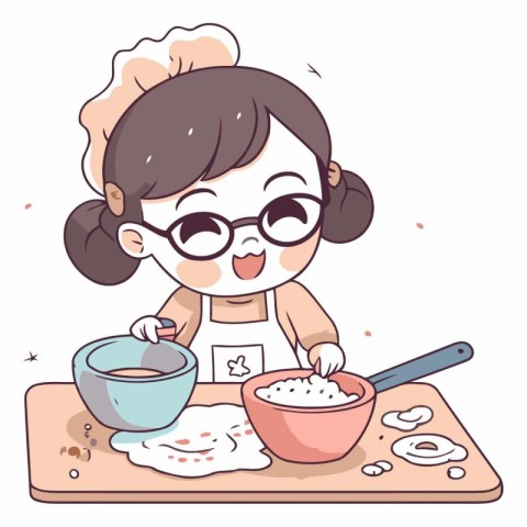 Illustration of a Cute Little Girl Baking in the Kitchen