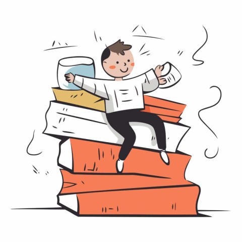 Cartoon illustration of young man sitting on big pile of books.