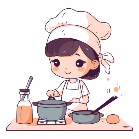 Cute little chef girl cooking in the kitchen.