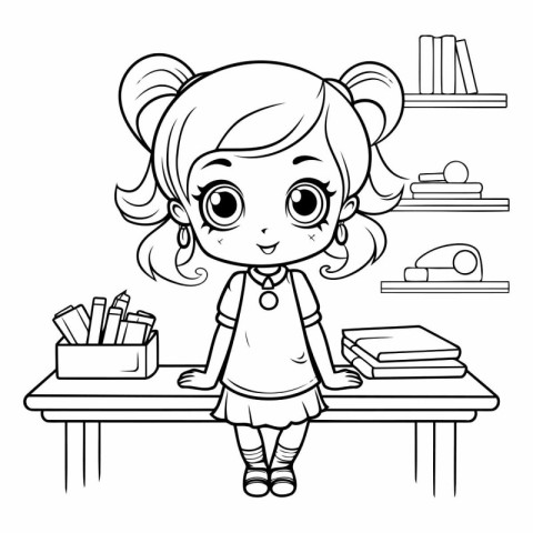 Coloring book for children: little girl sitting at the school de