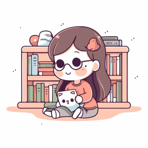 Cute little girl in glasses sitting on the bookshelf.