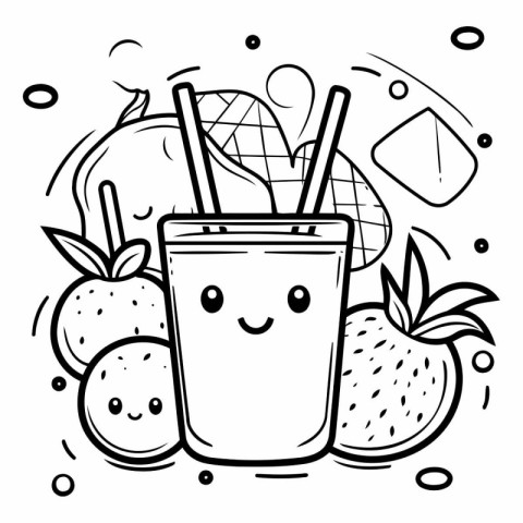 Black and white vector illustration of a smoothie in a glass wit