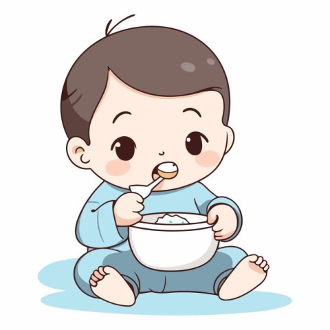 Cute little baby boy eating rice with spoon.