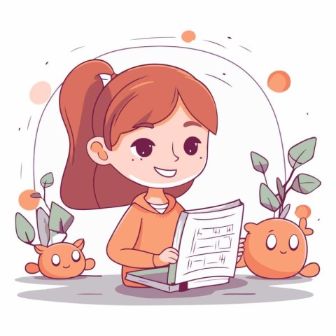 Little girl reading book. Cute cartoon character.