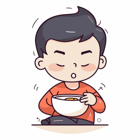 Illustration of a Kid Eating a Bowl of Noodles - Vector