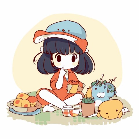 Illustration of a Cute Girl Enjoying Her Meal at Home