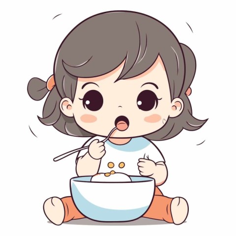 Illustration of a Kid Girl Eating a Bowl of Yogurt.