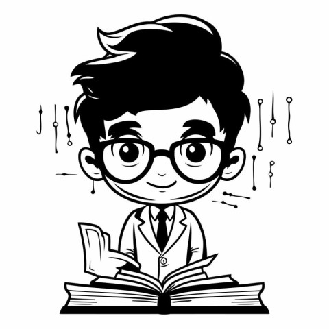 Vector illustration of a boy in glasses reading a book on white