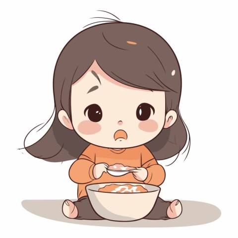 Illustration of a Cute Little Girl Eating a Bowl of Rice