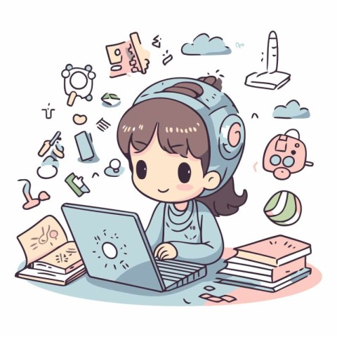 Illustration of a cute little girl using a laptop while studying