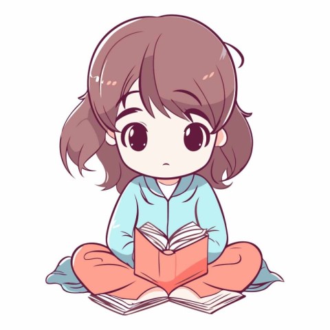 Cute cartoon girl reading a book isolated on white background.