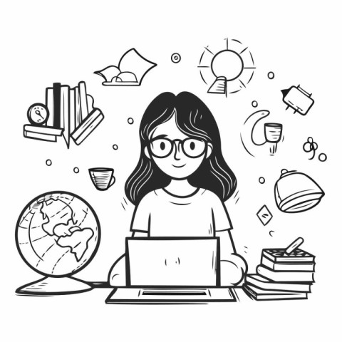 Vector illustration of a girl with glasses working on a laptop a