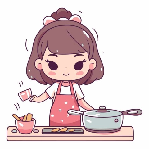 Cute little girl cooking in the kitchen in cartoon style.