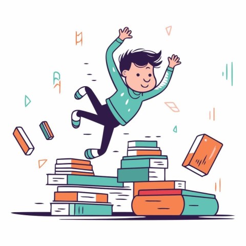 Happy boy jumping on pile of books in cartoon style.