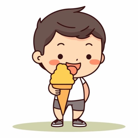 Cute boy eating ice cream vector illustration. Cartoon boy holdi