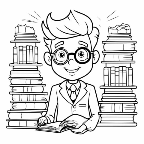 Black and White Cartoon Illustration of Man Student Reading a Bo