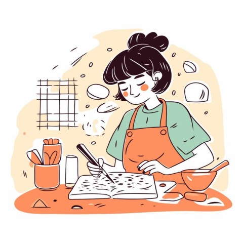 Pregnant woman cooking in the kitchen. Hand drawn vector illustr