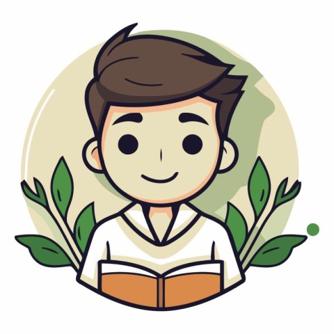 Young man reading a book in the garden. Vector cartoon illustrat