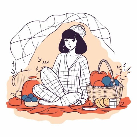 Vector illustration of a girl in pajamas sitting on the blanket