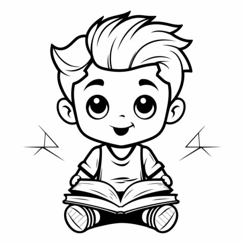 Boy Reading a Book - Black and White Cartoon Illustration. Vecto