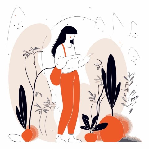 Pregnant woman with fruits and vegetables in flat style