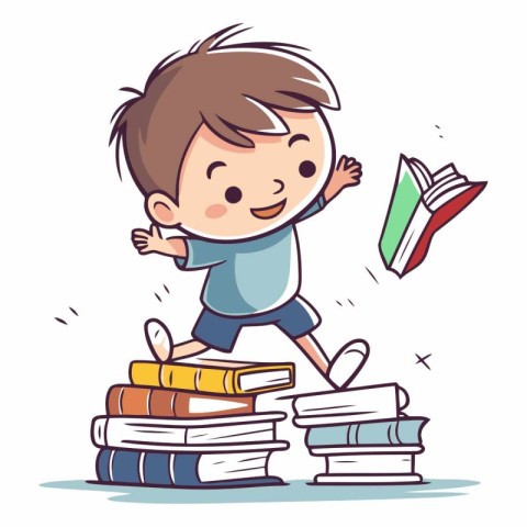 Little boy with pile of books. Vector cartoon illustration. Educ