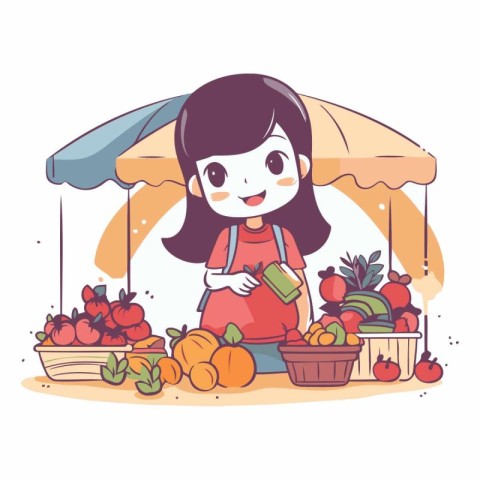 Vector illustration of a cute little girl selling fruits at the