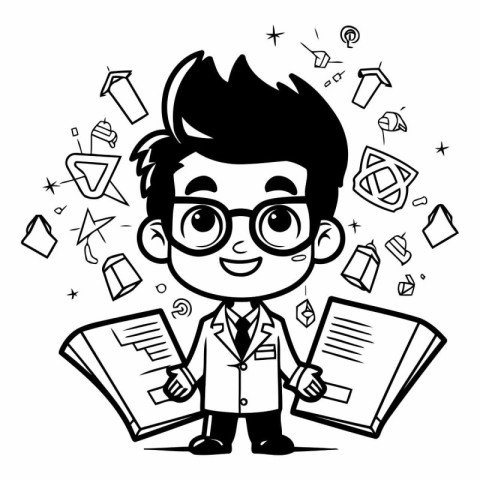 Vector illustration of a boy in glasses with books. Schoolboy.