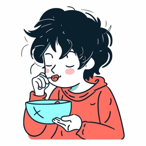 Illustration of a young woman eating a bowl of soup on a white b