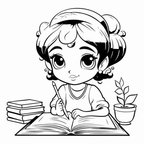 Cute little girl doing homework. black and white vector illustra